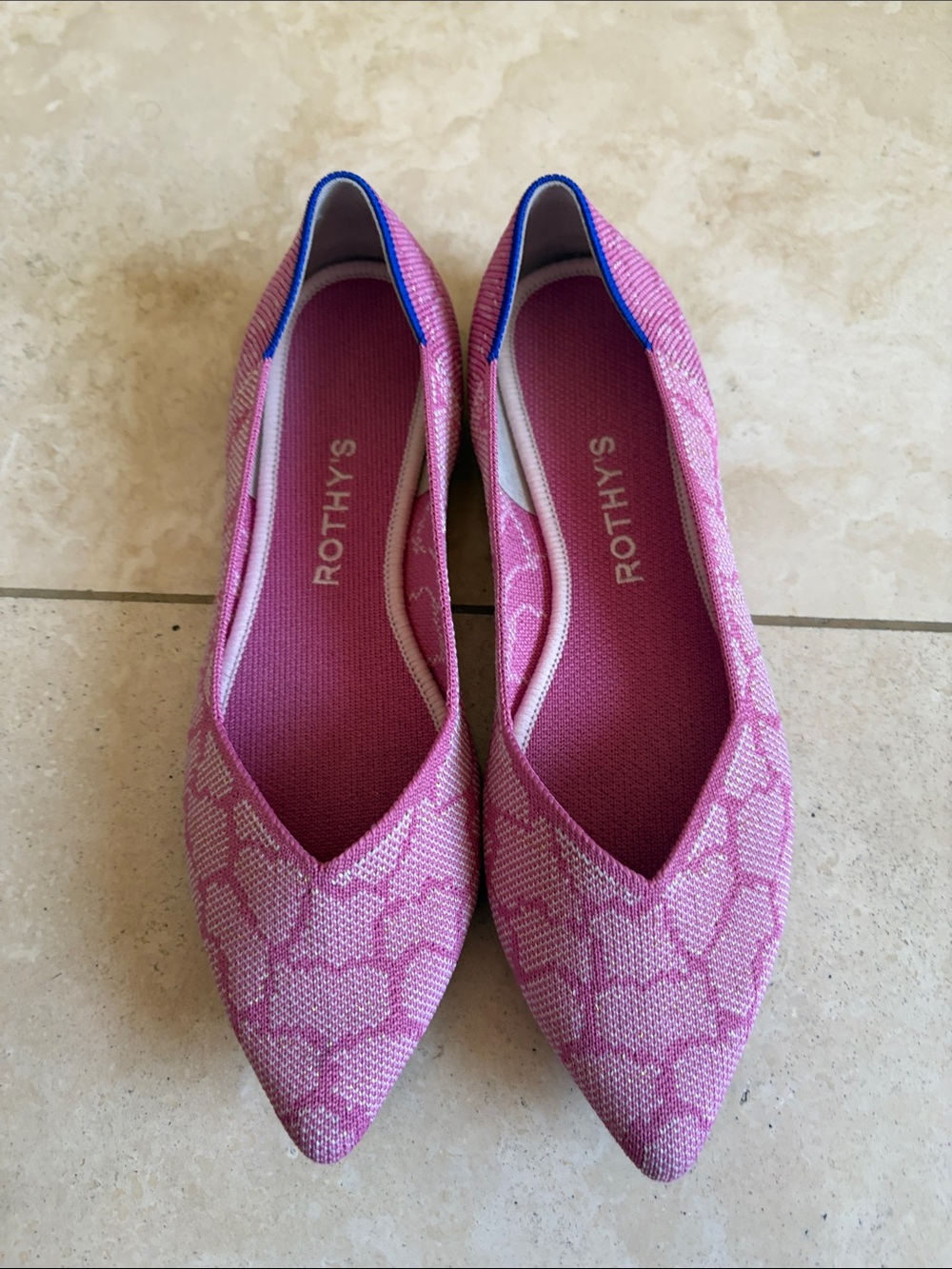 Rothy's Pink Pointed Knit Flats with Blue Trim